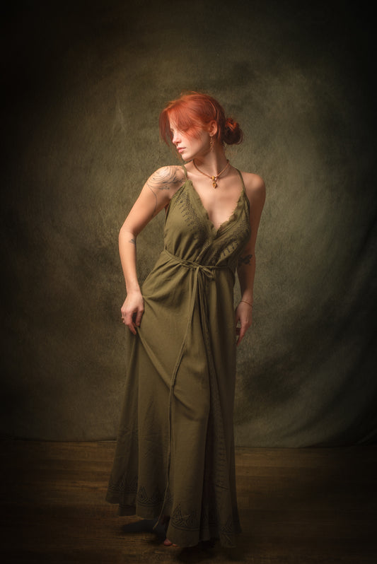 SELENA Olive Green Maxi Long Dress Goddess Open Back Cotton Festival Boho Naturally Dyed Block Printed Tribal Hippie Patterns Earthy AJJAYA