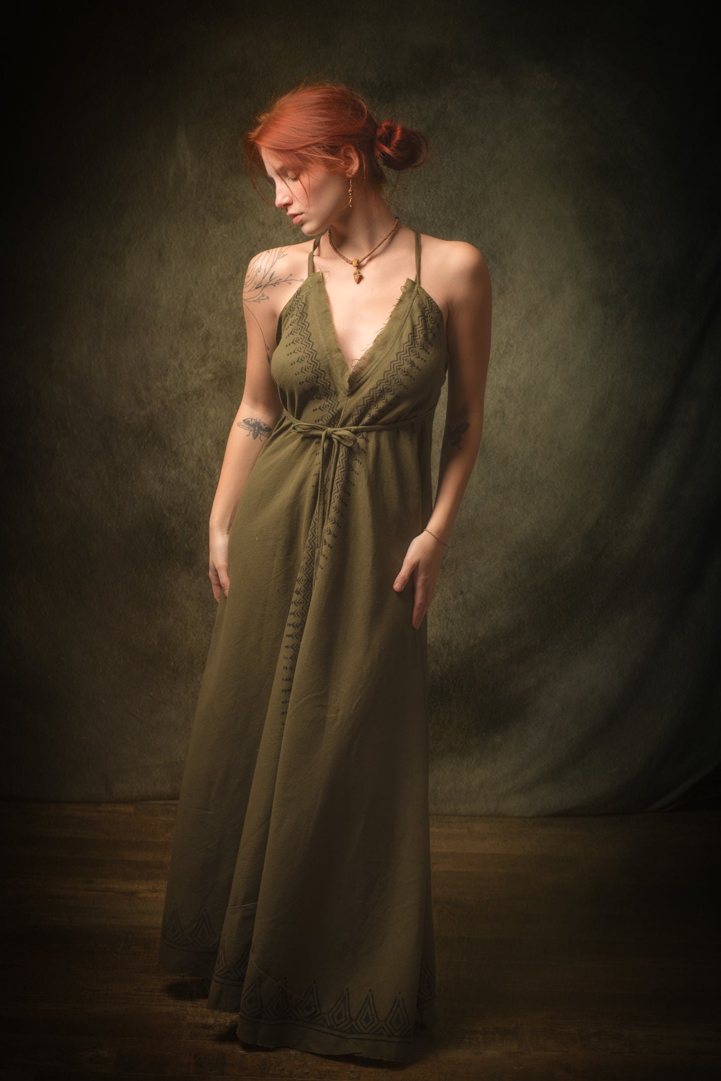 SELENA Olive Green Maxi Long Dress Goddess Open Back Cotton Festival Boho Naturally Dyed Block Printed Tribal Hippie Patterns Earthy AJJAYA