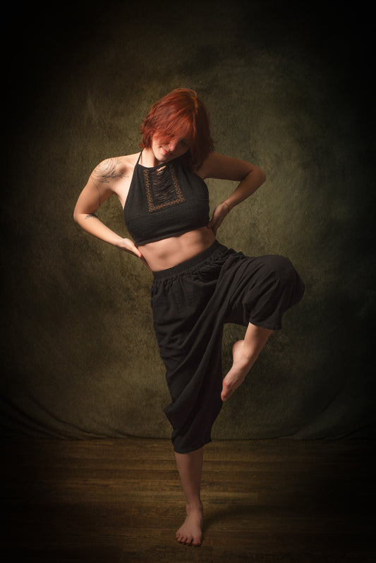 AYON Yoga Pants Black Cotton Womens Natural Plant Dyed Two Pockets Yogi Breathable Gym Pilates Trousers Flexible Festival AJJAYA