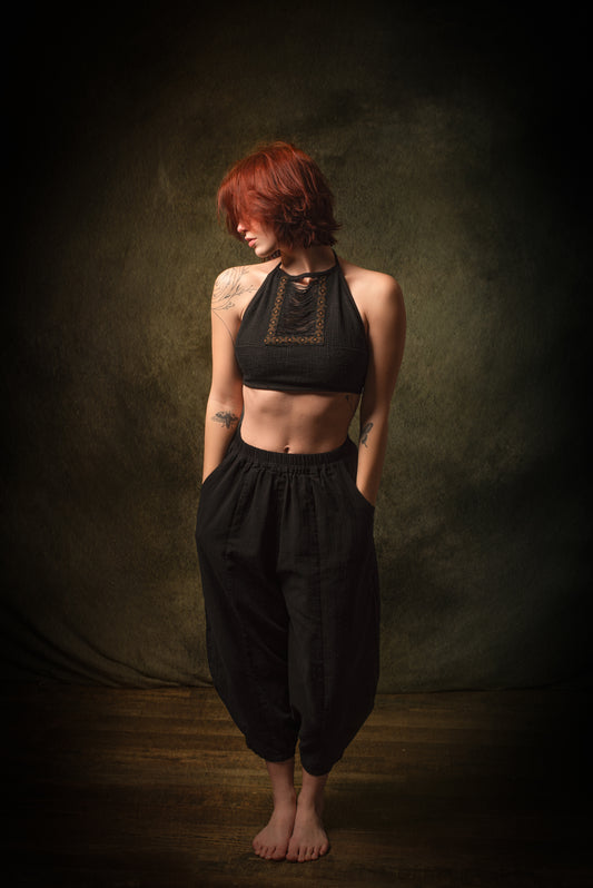 AYON Yoga Pants Black Cotton Womens Natural Plant Dyed Two Pockets Yogi Breathable Gym Pilates Trousers Flexible Festival AJJAYA