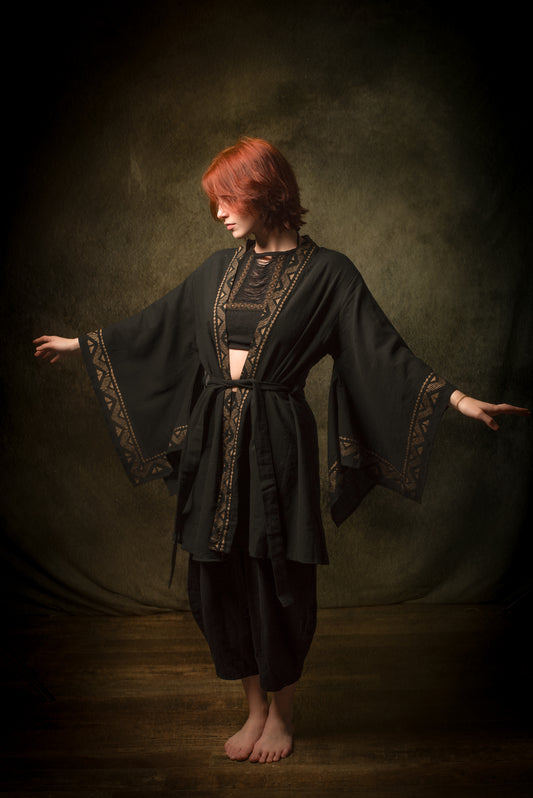 NAAMI Kimono Black Cotton Robe Wrap Light Soft Natural Dyed Block Printed Patterns Beach Festival Ceremony Boho Summer Spring AJJAYA