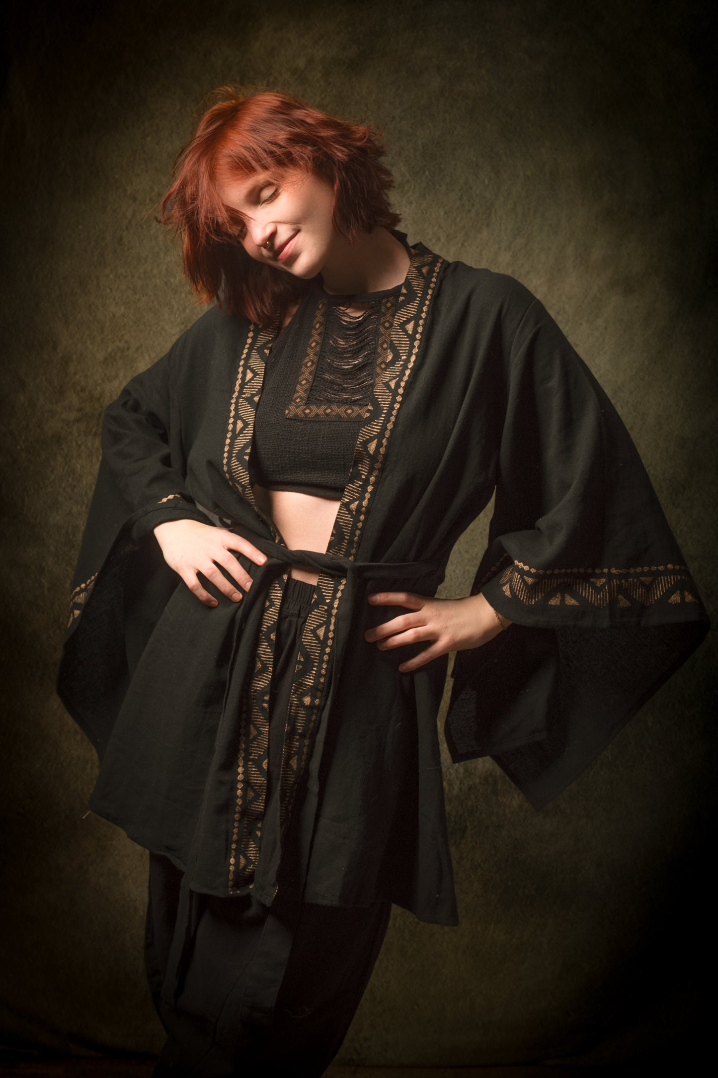 رداء كيمونو قطني أسود من NAAMI لفافة خفيفة ناعمة مصبوغة بنمط طبيعي بنقشات مطبوعة وحفلات شاطئ بوهو وصيف ربيع أججايا