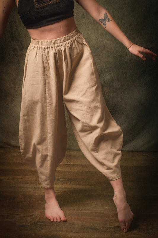 AYON Womens Cotton Yoga Pants Beige Natural Plant Dyed Two Pockets Yogi Breathable Gym Pilates Trousers Flexible Festival AJJAYA