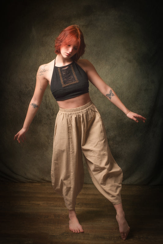 AYON Womens Cotton Yoga Pants Beige Natural Plant Dyed Two Pockets Yogi Breathable Gym Pilates Trousers Flexible Festival AJJAYA