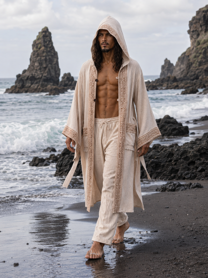 A man walks barefoot on a dark volcanic beach wearing a cream-colored hooded robe and matching drawstring pants with embroidered trim, with ocean waves and rock formations in the background.