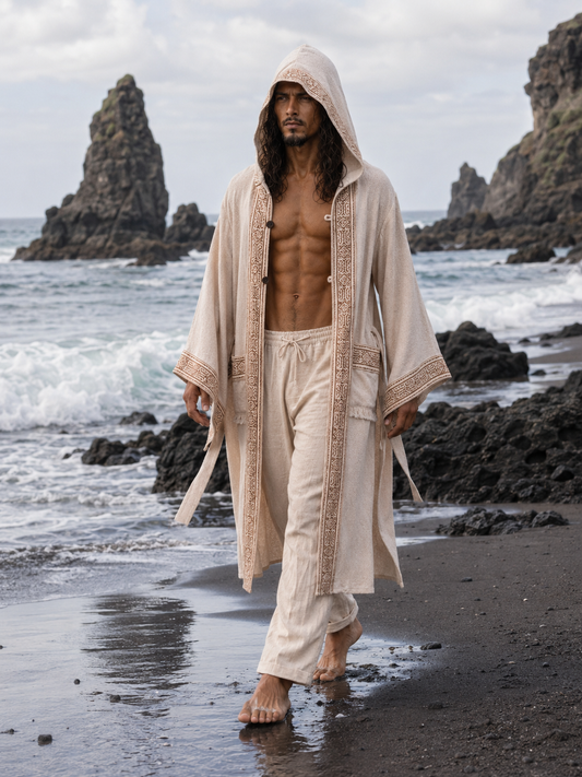 A man walks barefoot on a dark volcanic beach wearing a cream-colored hooded robe and matching drawstring pants with embroidered trim, with ocean waves and rock formations in the background.