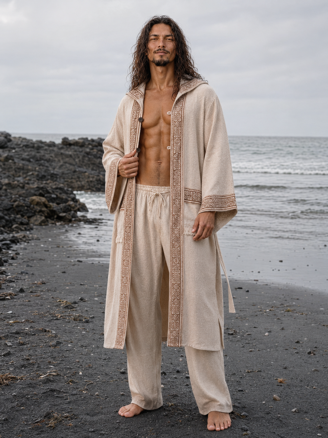 A man with long dark hair stands barefoot on a black sand beach wearing a light beige hooded robe with ornate brown patterned trim and matching loose pants, with the ocean and rocky shoreline in the background.