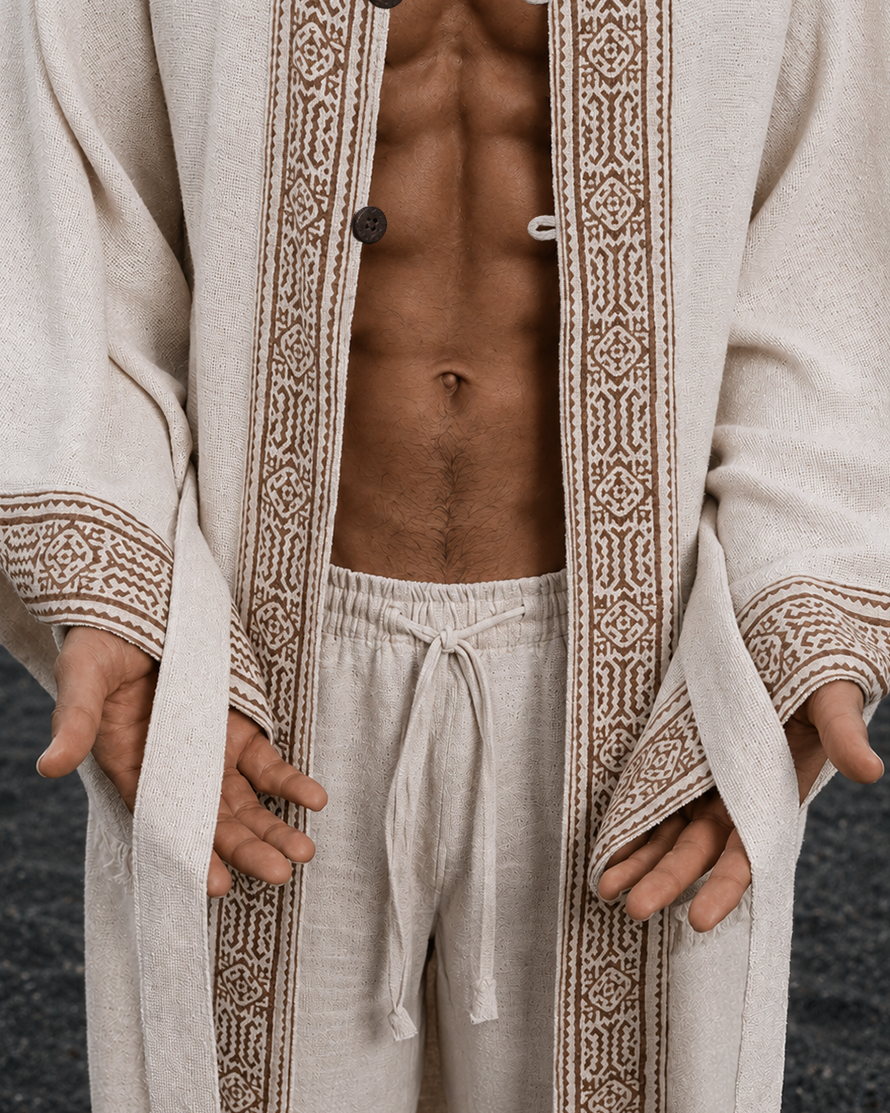 A close-up of a person wearing a cream-colored robe with brown geometric patterns and light beige drawstring pants, standing outdoors.