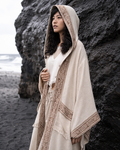 A woman wearing a cream-colored hooded poncho with brown geometric patterns, standing on a black sand beach next to a large dark rock.
