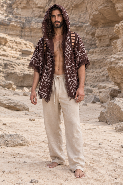 WIZARD Mens Hooded Kimono Vest Brown Tribal Pattern