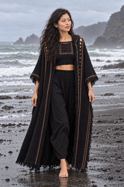 A woman stands barefoot on a dark volcanic beach wearing a black textured bohemian-style outfit consisting of a long open-front cardigan with gold trim, a black crop top, and black wide-leg pants, with ocean waves and rocky cliffs in the background.