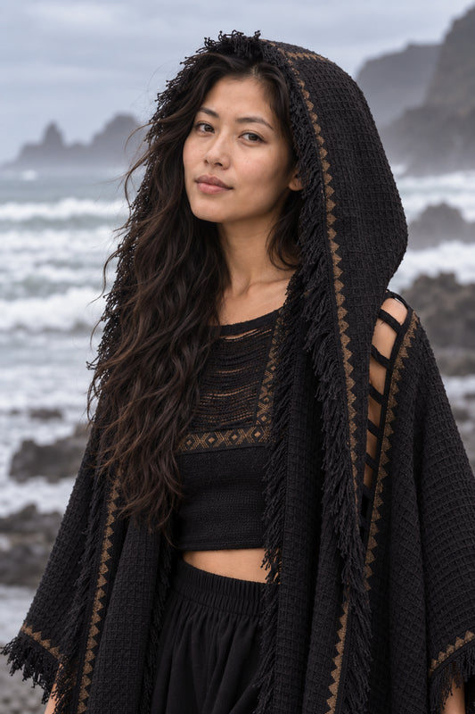 A woman with long dark hair stands on a rocky beach wearing a black textured hooded wrap with brown geometric trim and fringe, over a black lace top and skirt.