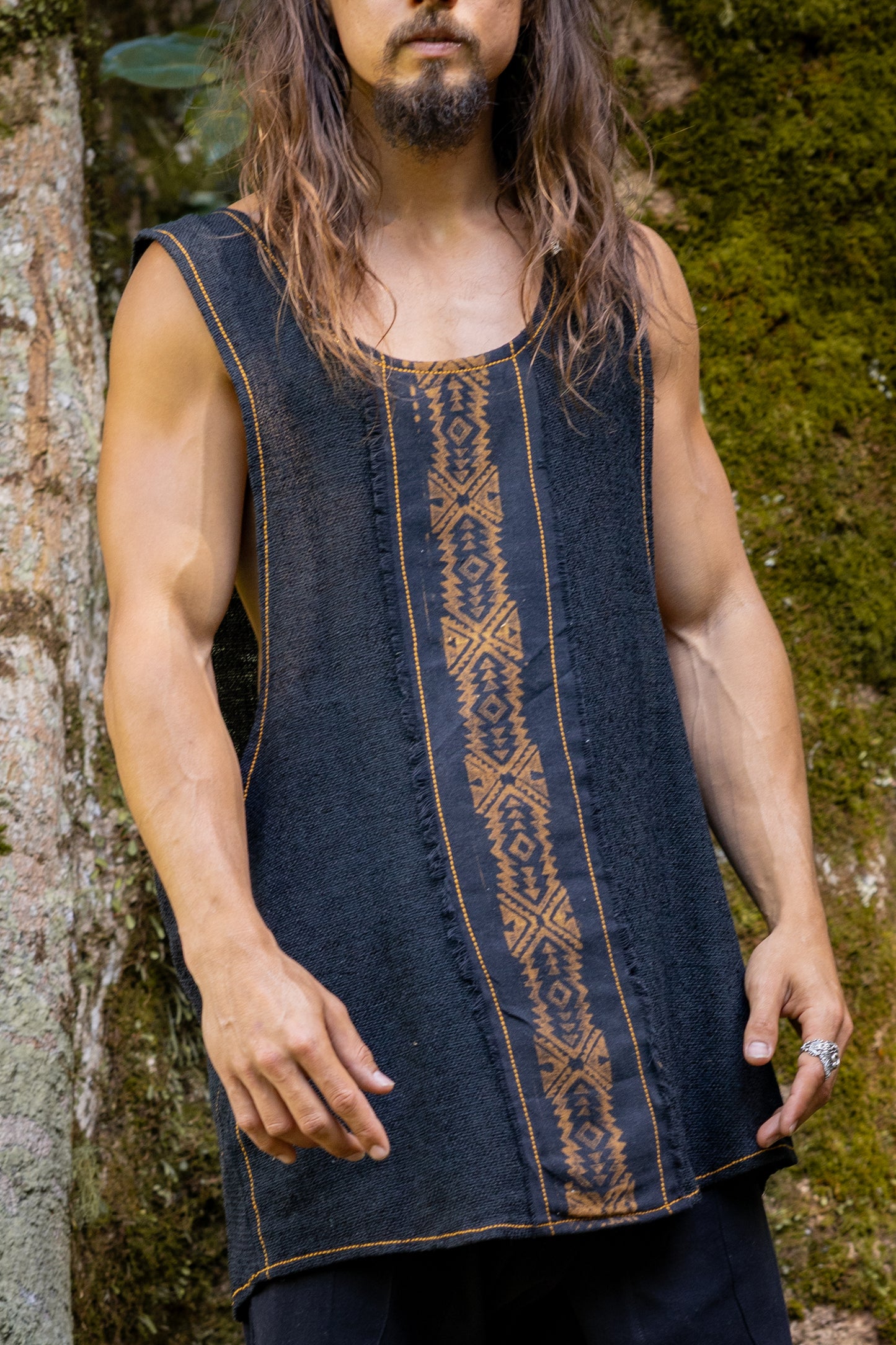 KAZA Beige Mens Tank Top Sleeveless Yoga Deep Cut Breathable Semi See-through Cotton Tribal Pattern Block Printed Festival Ceremonial AJJAYA