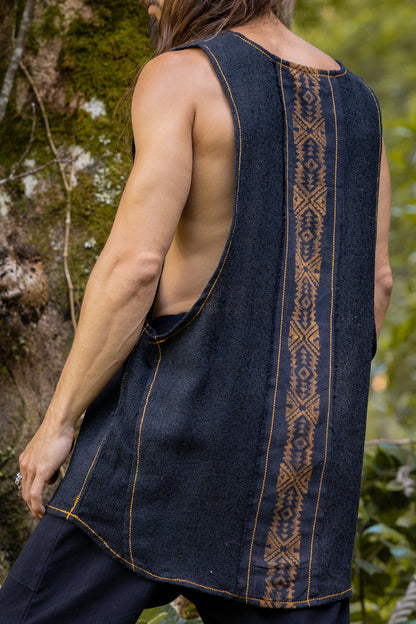 KAZA Black Mens Tank Top Sleeveless Yoga Deep Cut Breathable Semi See-through Cotton Tribal Pattern Block Printed Festival Ceremonial AJJAYA