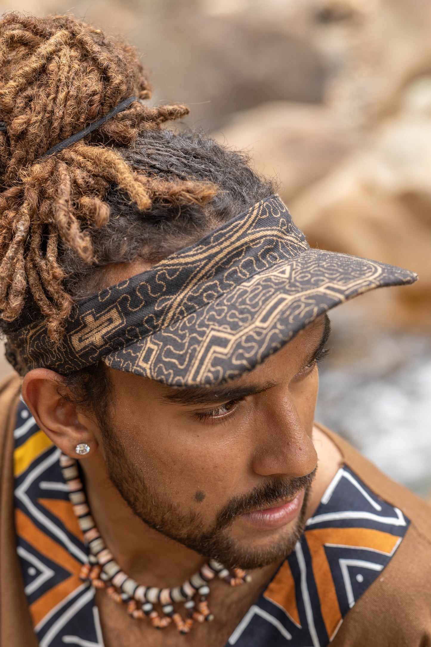 SHIPISOR Womens White Visor Dreadlock Cap with Shipibo Patterns Handmade Natural Cotton Adjustable strap Tribal Festival Ceremony Ritual AJJAYA