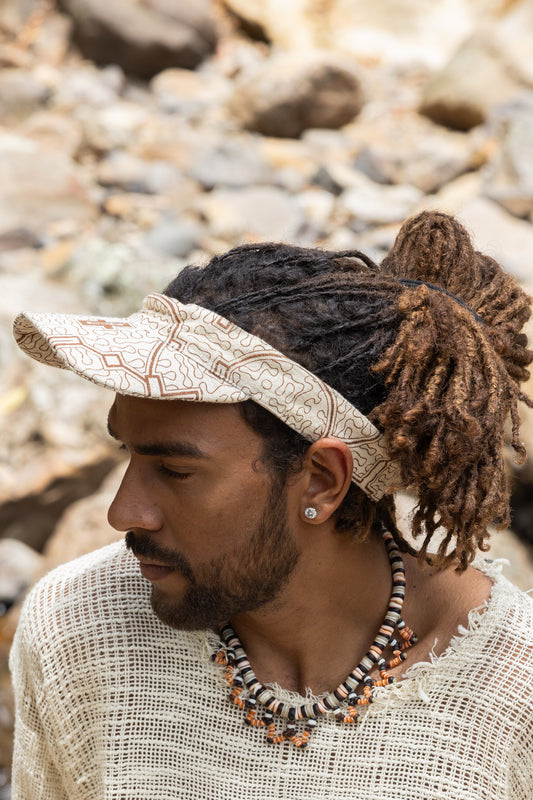 SHIPISOR White Visor Dreadlock Cap with Shipibo Patterns Handmade Natural Cotton Adjustable strap Tribal Festival Ceremony Ritual AJJAYA