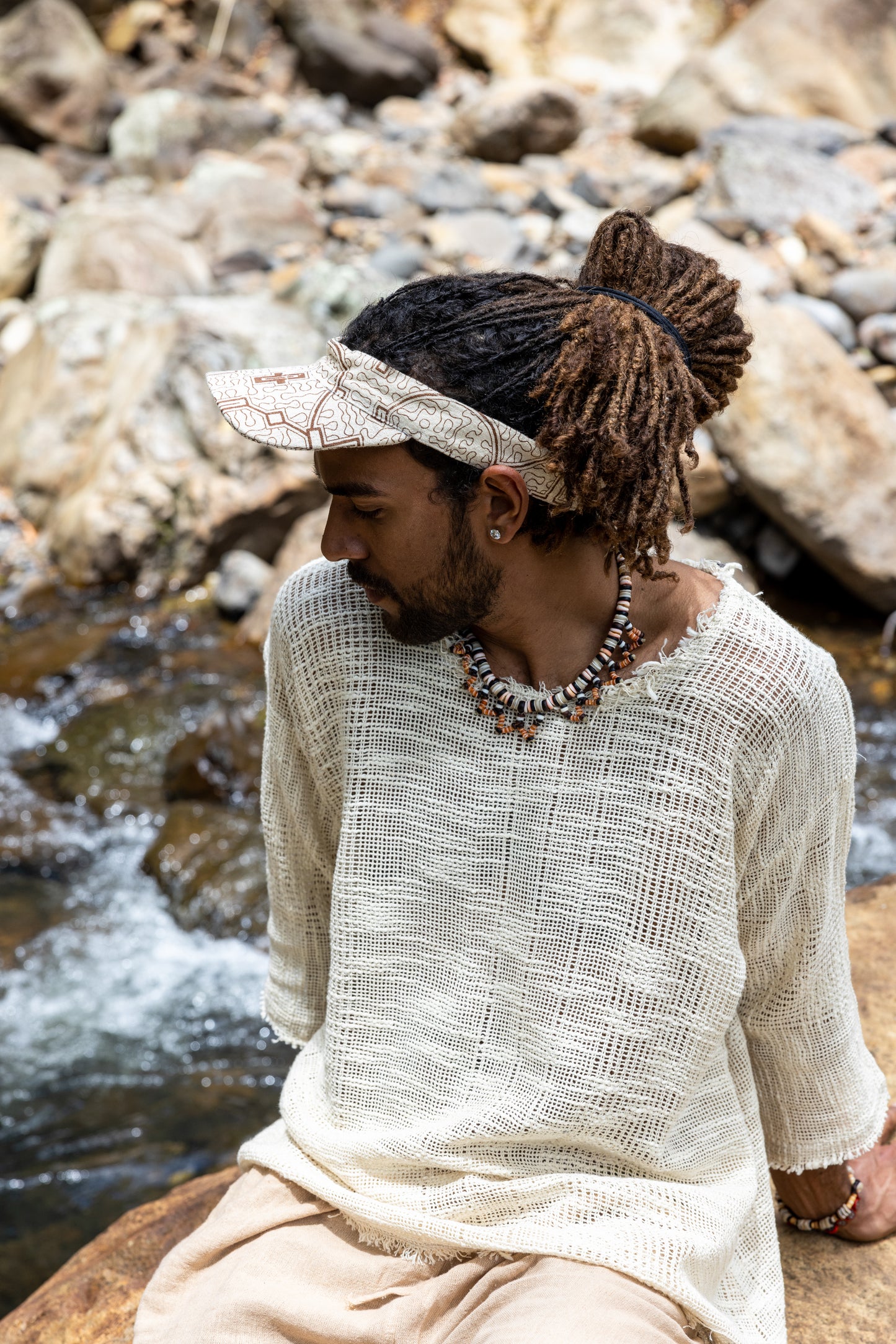 SHIPISOR Black Visor Dreadlock Cap with Shipibo Patterns Natural Cotton Adjustable strap Tribal Festival Ceremony Ritual AJJAYA