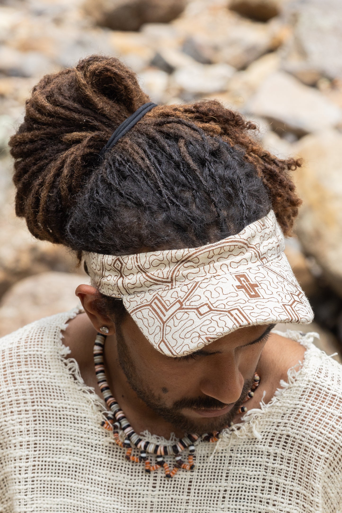 SHIPISOR Womens White Visor Dreadlock Cap with Shipibo Patterns Handmade Natural Cotton Adjustable strap Tribal Festival Ceremony Ritual AJJAYA