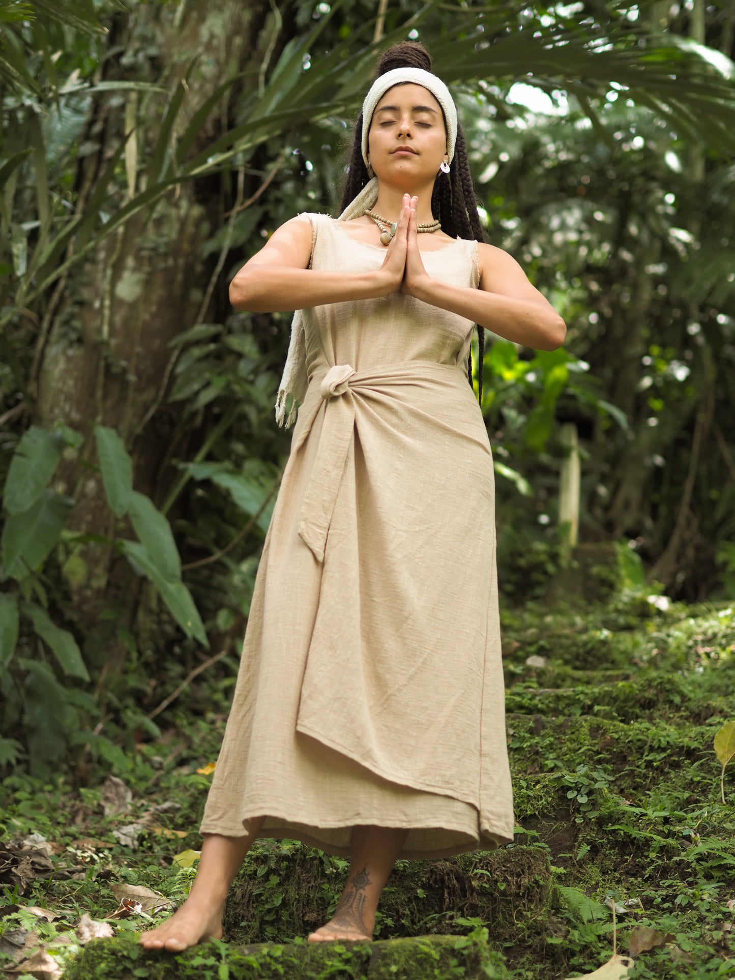 SOFI Wrap Dress Light Brown Soft Breathable Natural Cotton Festival Ritual Resort Womens Boho Wear AJJAYA