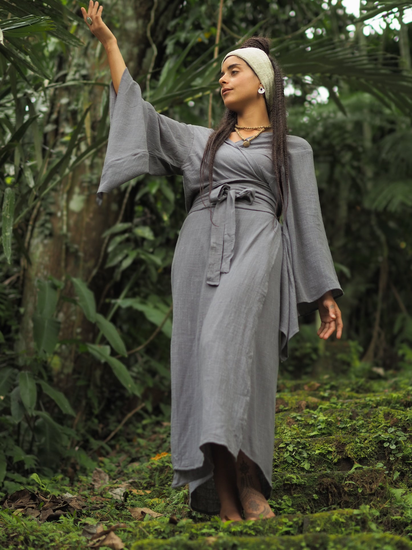 MIRA Grey Womens Kimono Dress Japanese Robe Arm Flairs Soft Breathable Cotton Festival Ritual Resort Wear AJJAYA