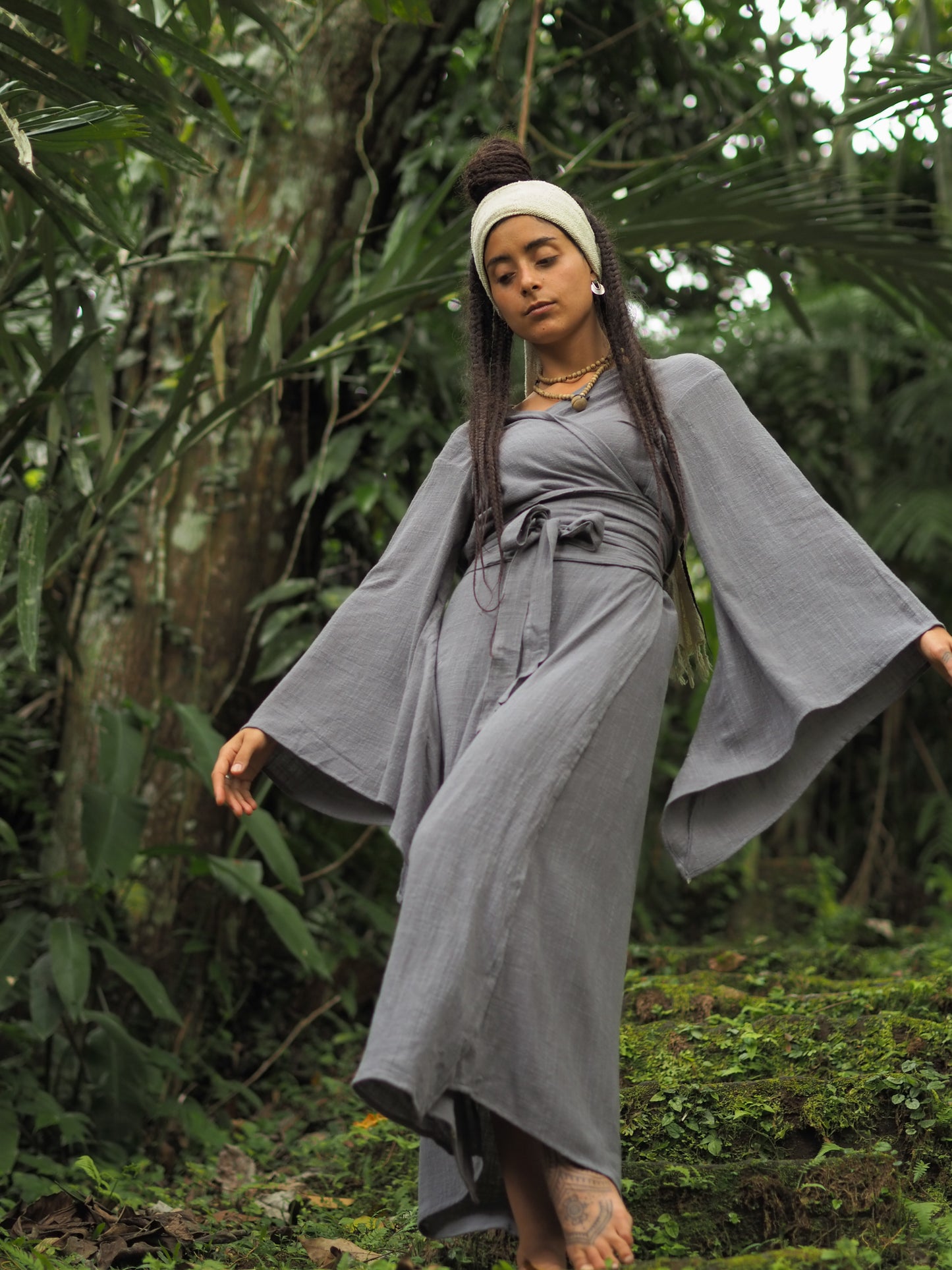 MIRA Grey Womens Kimono Dress Japanese Robe Arm Flairs Soft Breathable Cotton Festival Ritual Resort Wear AJJAYA