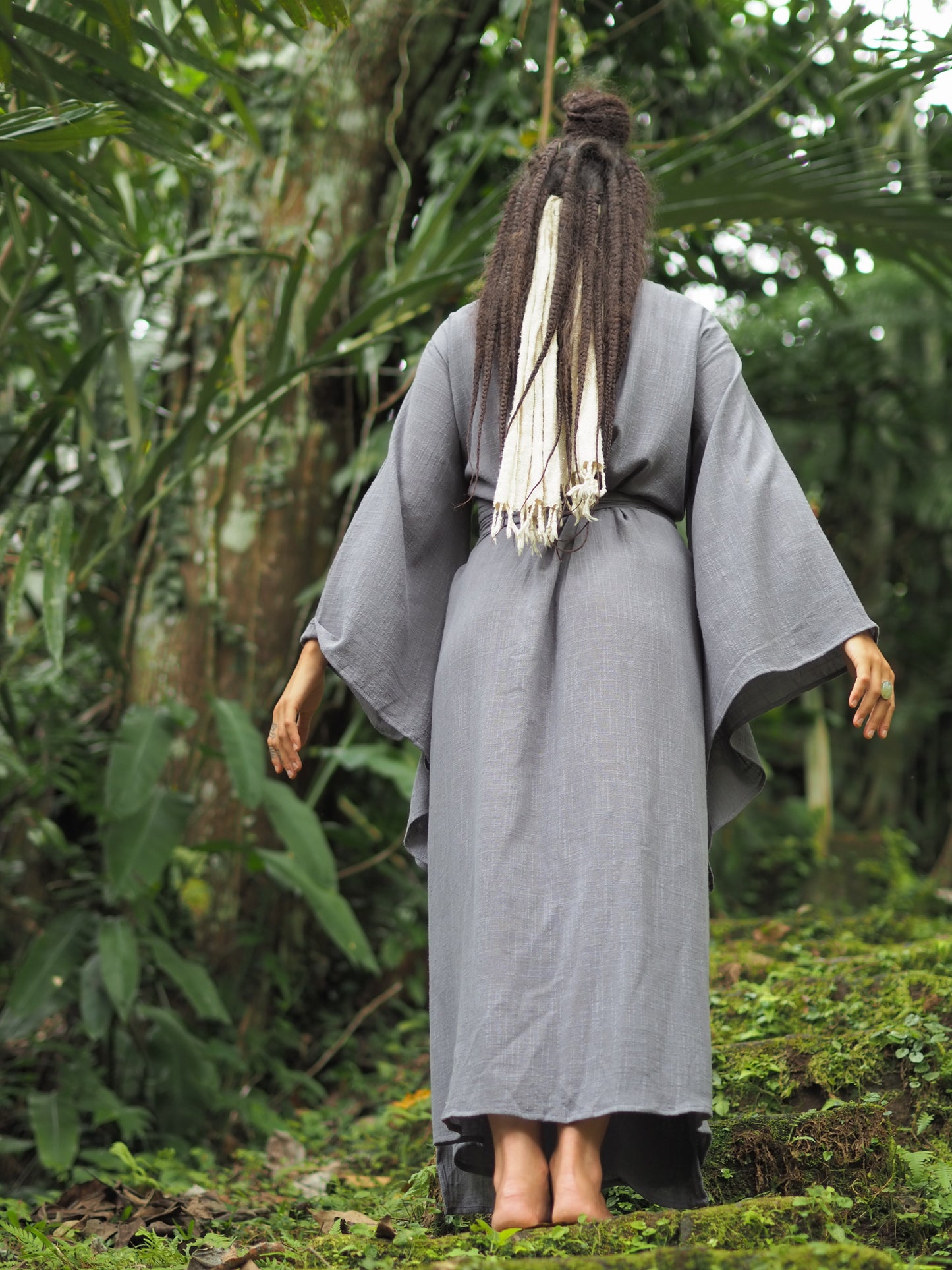 MIRA Grey Womens Kimono Dress Japanese Robe Arm Flairs Soft Breathable Cotton Festival Ritual Resort Wear AJJAYA