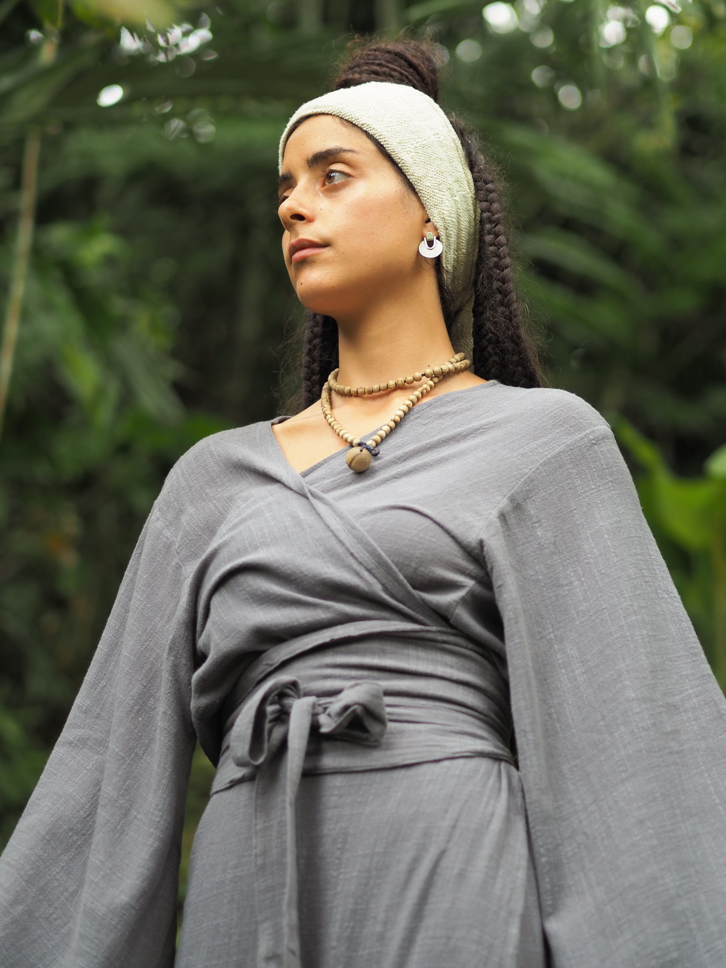 MIRA Grey Womens Kimono Dress Japanese Robe Arm Flairs Soft Breathable Cotton Festival Ritual Resort Wear AJJAYA