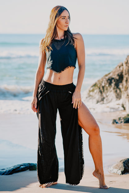 YANA Black Slit Open Womens Pants, Natural Soft Cotton Goddess Belly Dance Flow Yoga Festival Boho Ceremony Pixie Fairy Tribal AJJAYA