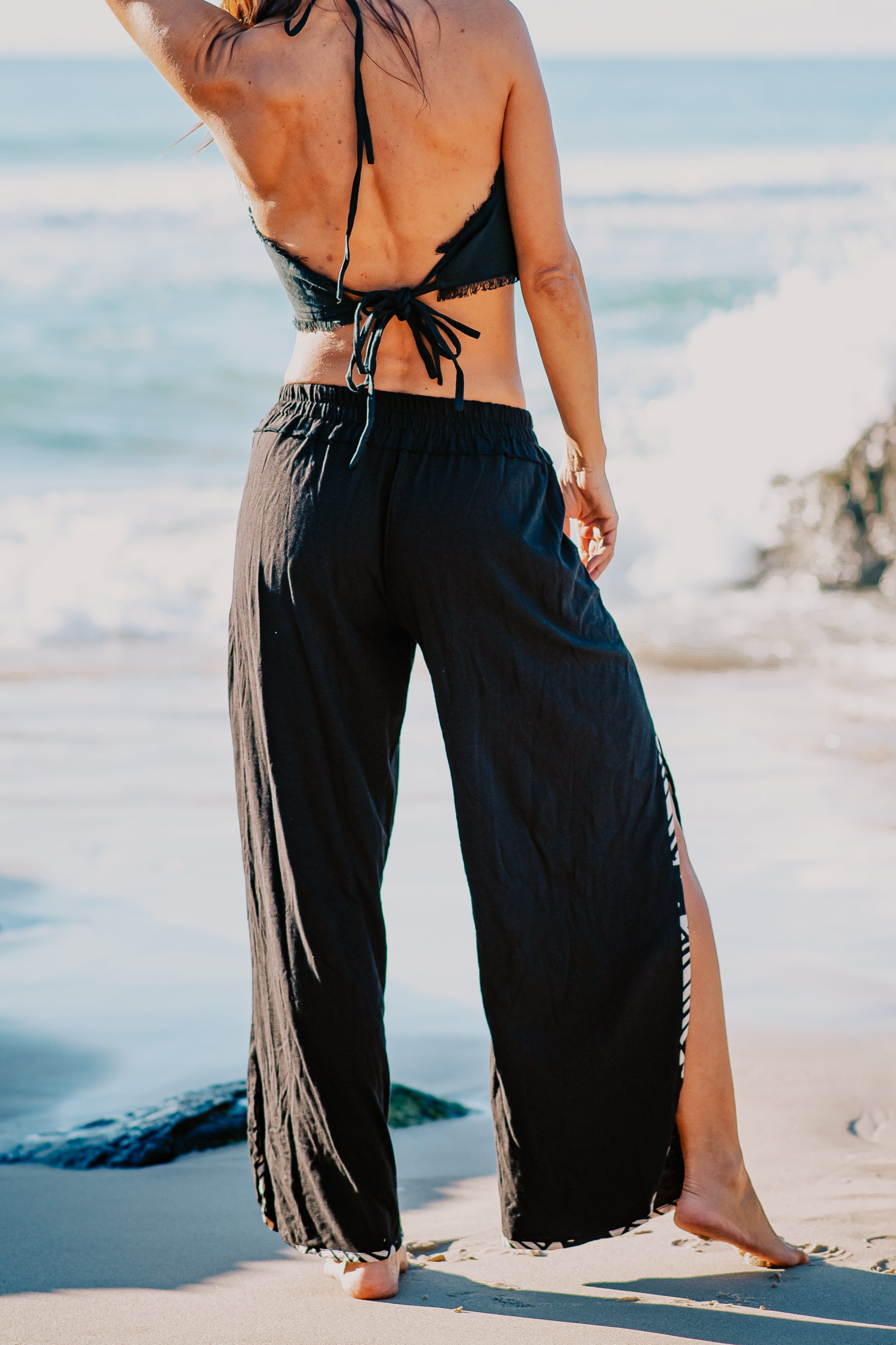 YANA Black Slit Open Womens Pants, Natural Soft Cotton | AJJAYA