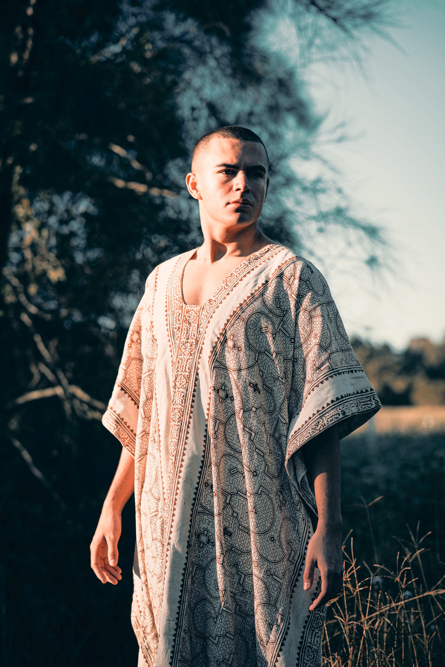 CHAMA Beige Handmade Shamanic Poncho Ceremony Ritual Scared Shipibo Patterns and Tribal Block Printed Decorations Festival AJJAYA