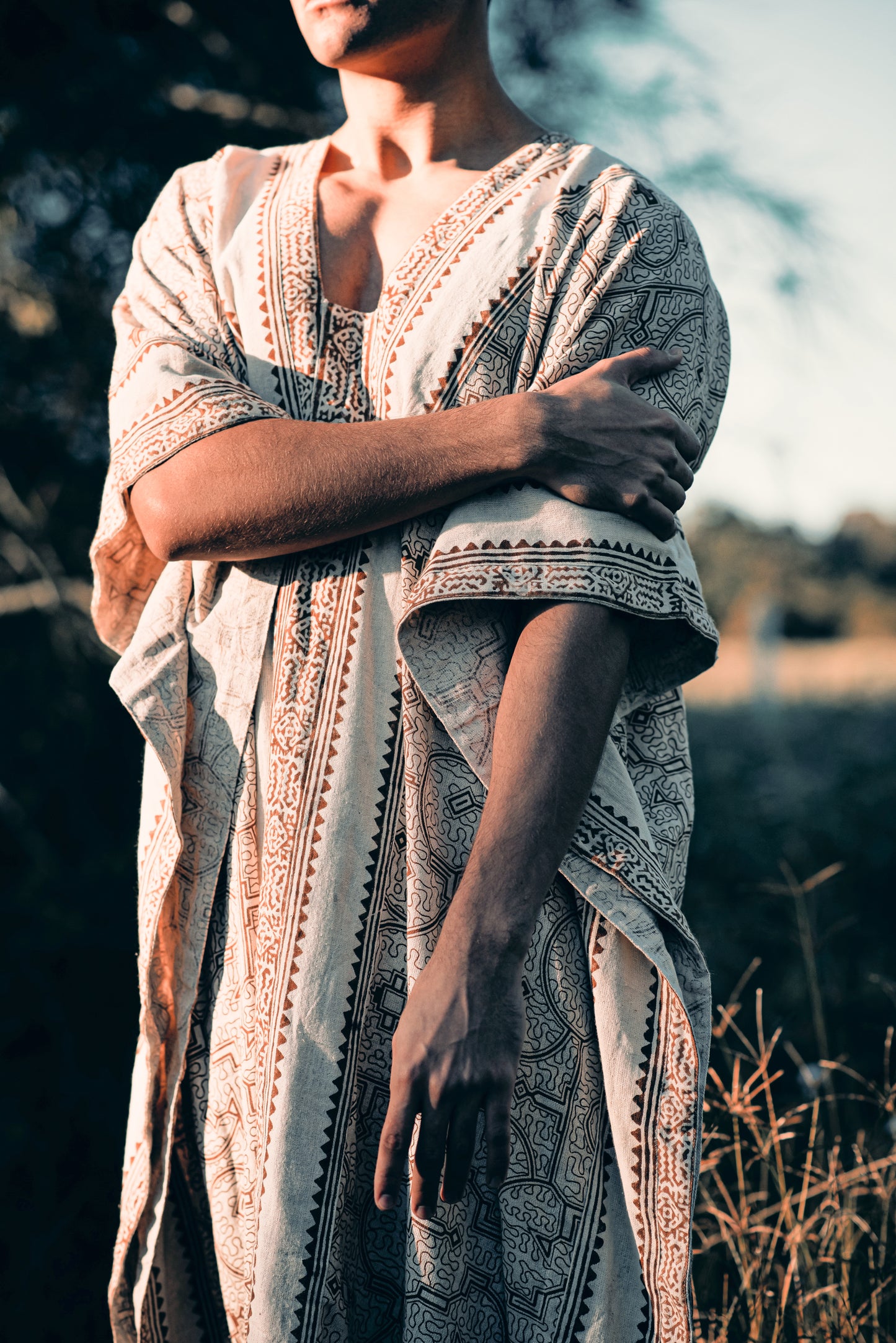 CHAMA Beige Handmade Shamanic Poncho Ceremony Ritual Scared Shipibo Patterns and Tribal Block Printed Decorations Festival AJJAYA