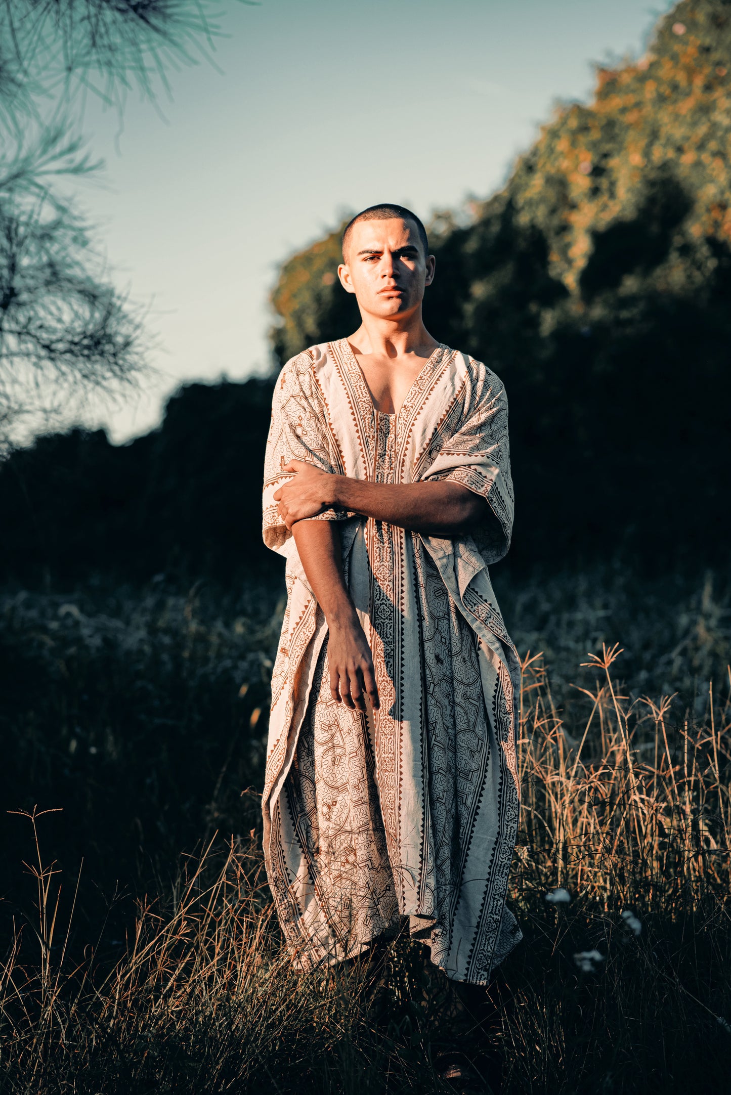 CHAMA Beige Handmade Shamanic Poncho Ceremony Ritual Scared Shipibo Patterns and Tribal Block Printed Decorations Festival AJJAYA