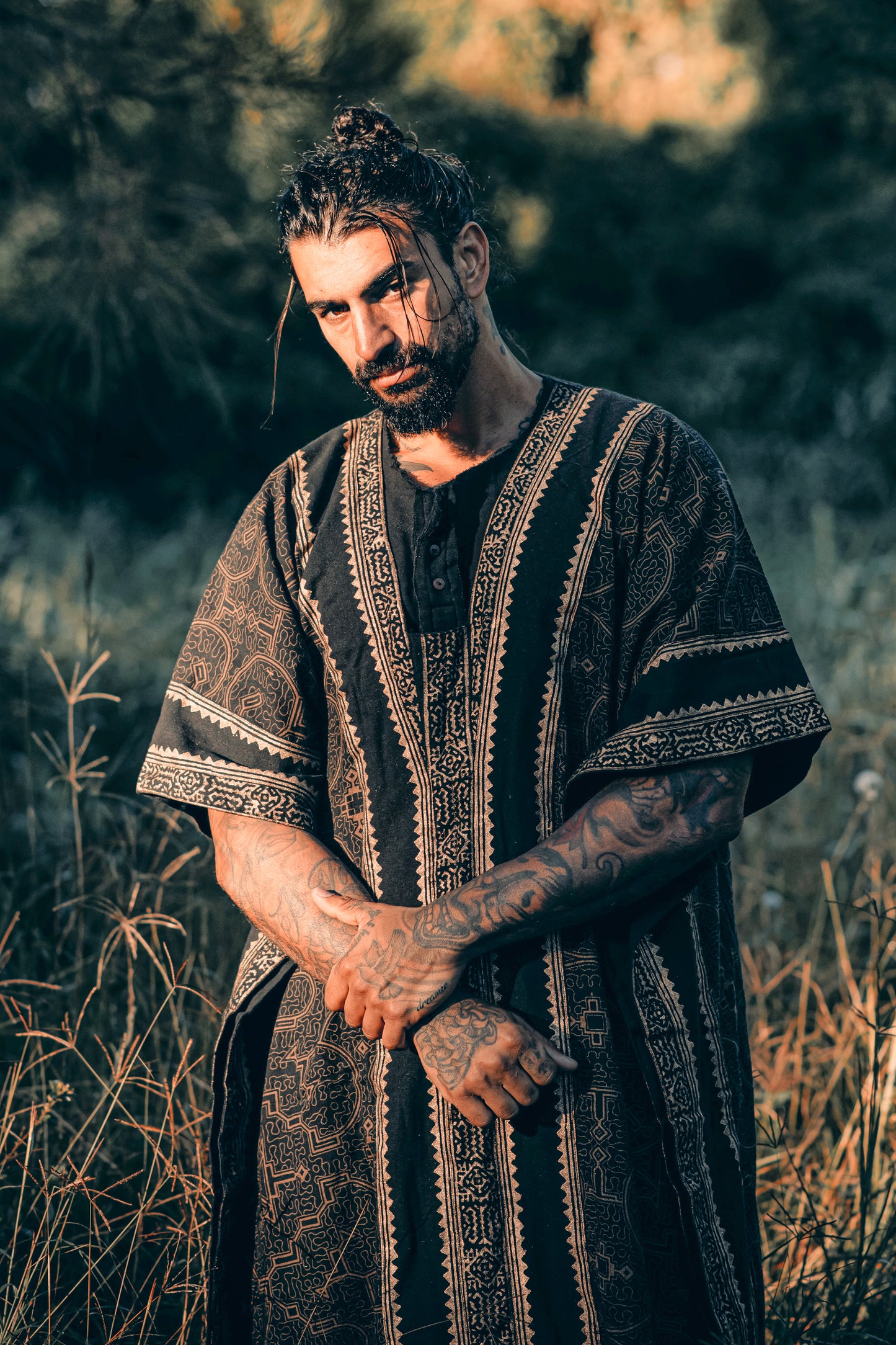 CHAMA Black Handmade Shamanic Poncho Ceremony Ritual Scared Shipibo Patterns and Tribal Block Printed Decorations Festival AJJAYA