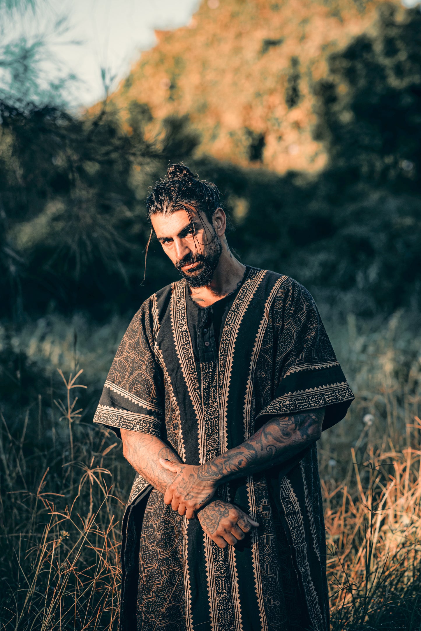 CHAMA Black Handmade Shamanic Poncho Ceremony Ritual Scared Shipibo Patterns and Tribal Block Printed Decorations Festival AJJAYA