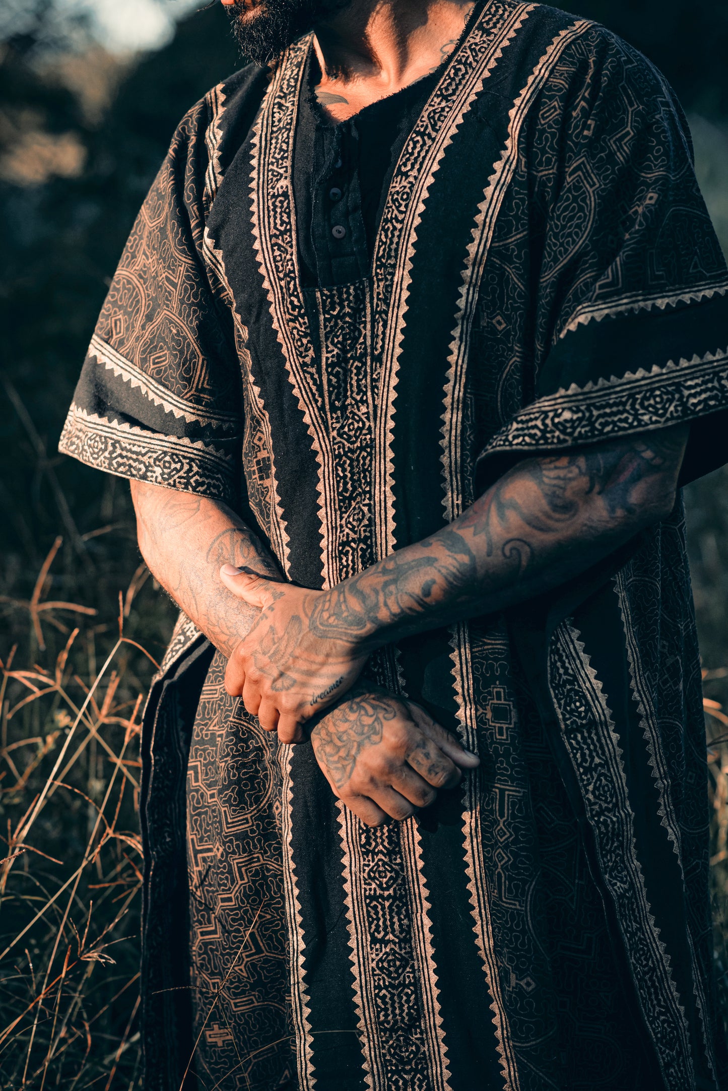 CHAMA Black Handmade Shamanic Poncho Ceremony Ritual Scared Shipibo Patterns and Tribal Block Printed Decorations Festival AJJAYA