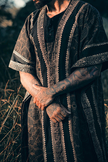 CHAMA Beige Handmade Shamanic Poncho Ceremony Ritual Scared Shipibo Patterns and Tribal Block Printed Decorations Festival AJJAYA