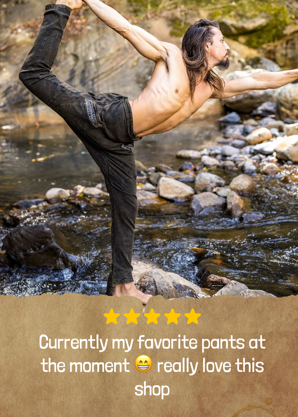 AGILO Black Yoga Pants Harem Drop Crotch with Zipped Pockets Stretchy Cotton Rock Climbing Hiking Festival Stone Washed Block Printed AJJAYA