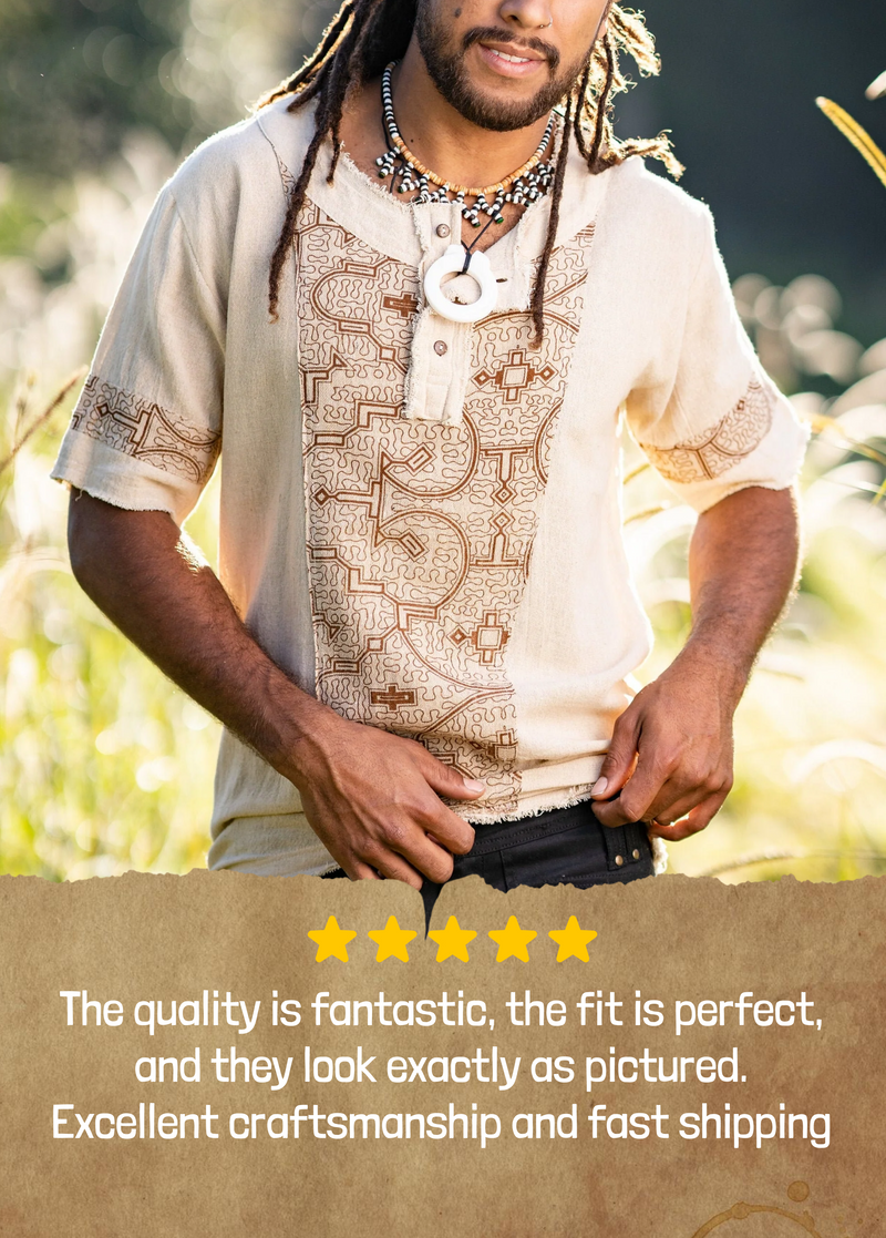 Handmade Beige-Brown Waska Top for Men with Sacred Shipibo Shamanic Pattern and Tribal Design.