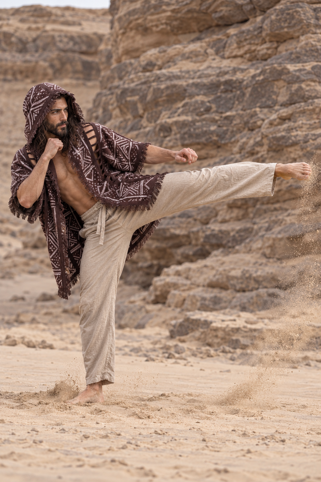 WIZARD Mens Hooded Kimono Vest Brown Tribal Pattern