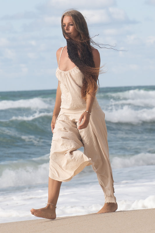 KAYANA Onezie Jumpsuit One-Piece Romper Overall Beige Handmade Natural Cotton Yoga Cut Open Legs Loose Flexible Breathable Boho Festival Gypsy AJJAYA