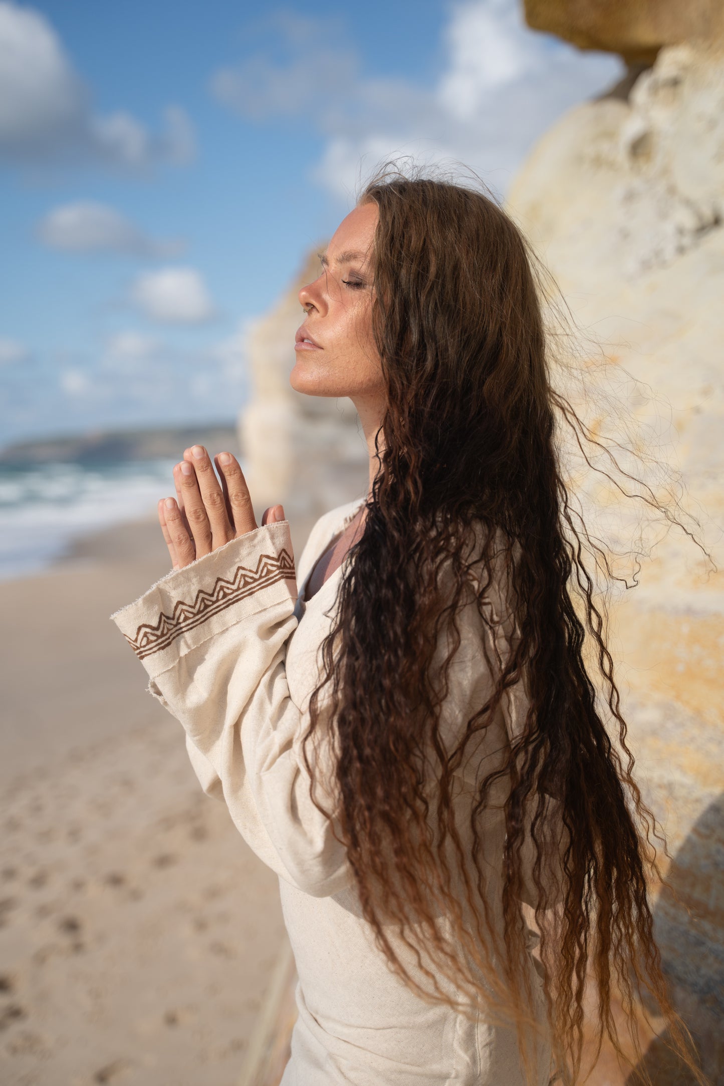 MISTIK Evening Dress Beige Long Sleeve Hooded Ankle Length Natural Dyed Cotton Block Printed Pattern Fairy Gypsy Boho Festival AJJAYA