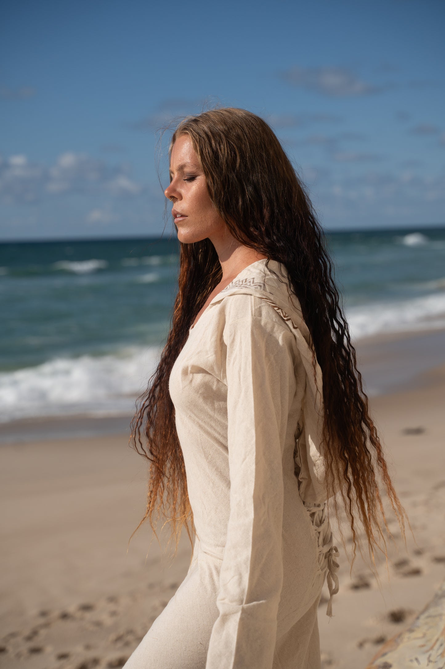 MISTIK Evening Dress Beige Long Sleeve Hooded Ankle Length Natural Dyed Cotton Block Printed Pattern Fairy Gypsy Boho Festival AJJAYA