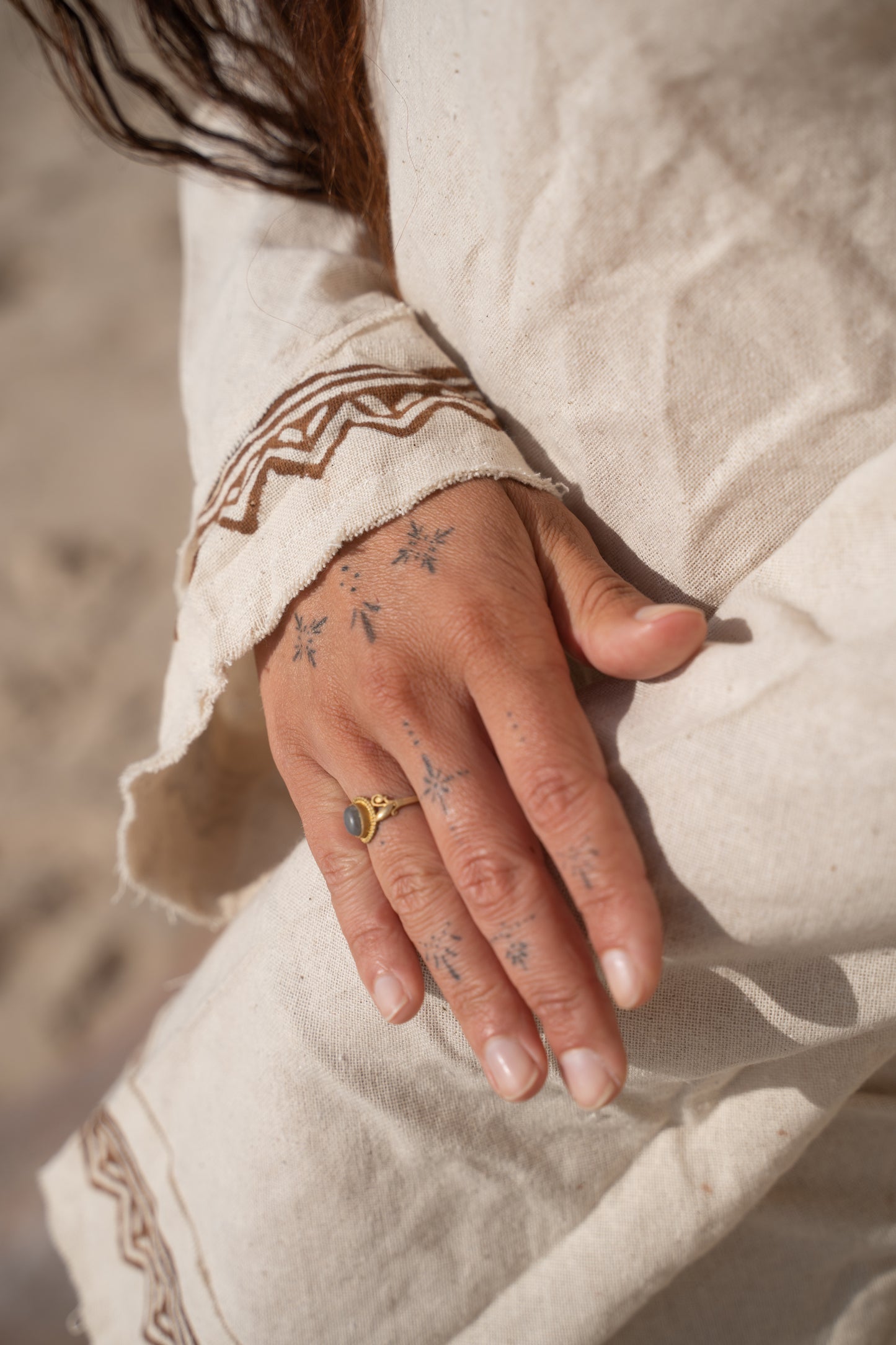 MISTIK Evening Dress Beige Long Sleeve Hooded Ankle Length Natural Dyed Cotton Block Printed Pattern Fairy Gypsy Boho Festival AJJAYA