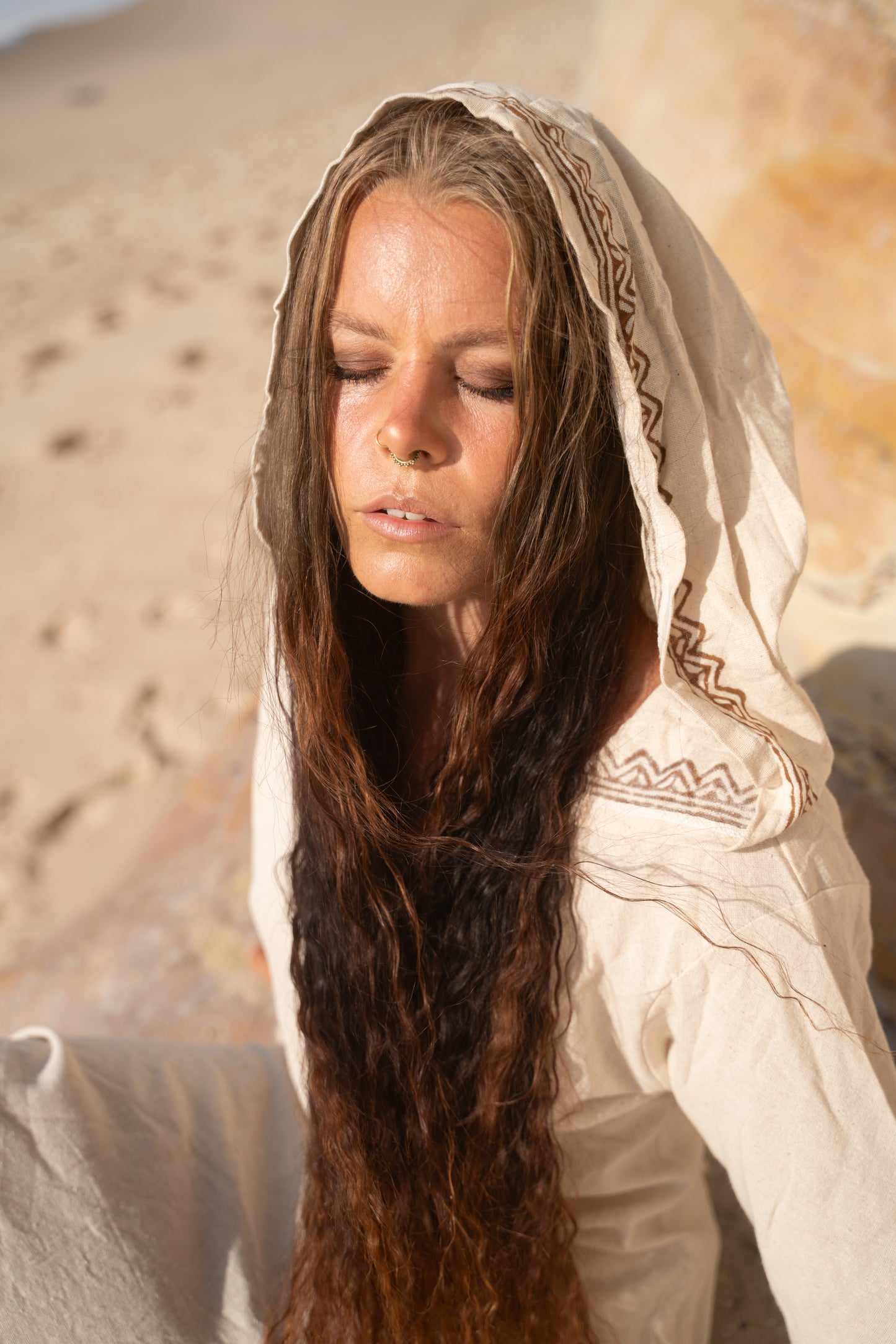 MISTIK Evening Dress Beige Long Sleeve Hooded Ankle Length Natural Dyed Cotton Block Printed Pattern Fairy Gypsy Boho Festival AJJAYA