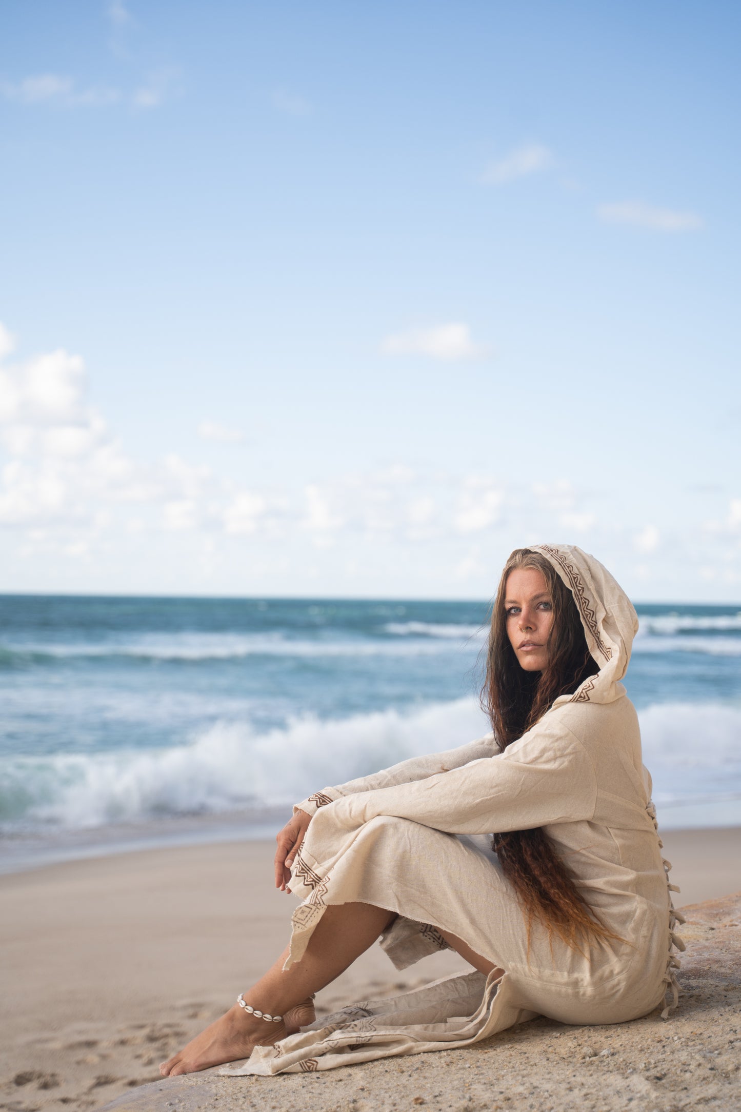 MISTIK Evening Dress Beige Long Sleeve Hooded Ankle Length Natural Dyed Cotton Block Printed Pattern Fairy Gypsy Boho Festival AJJAYA