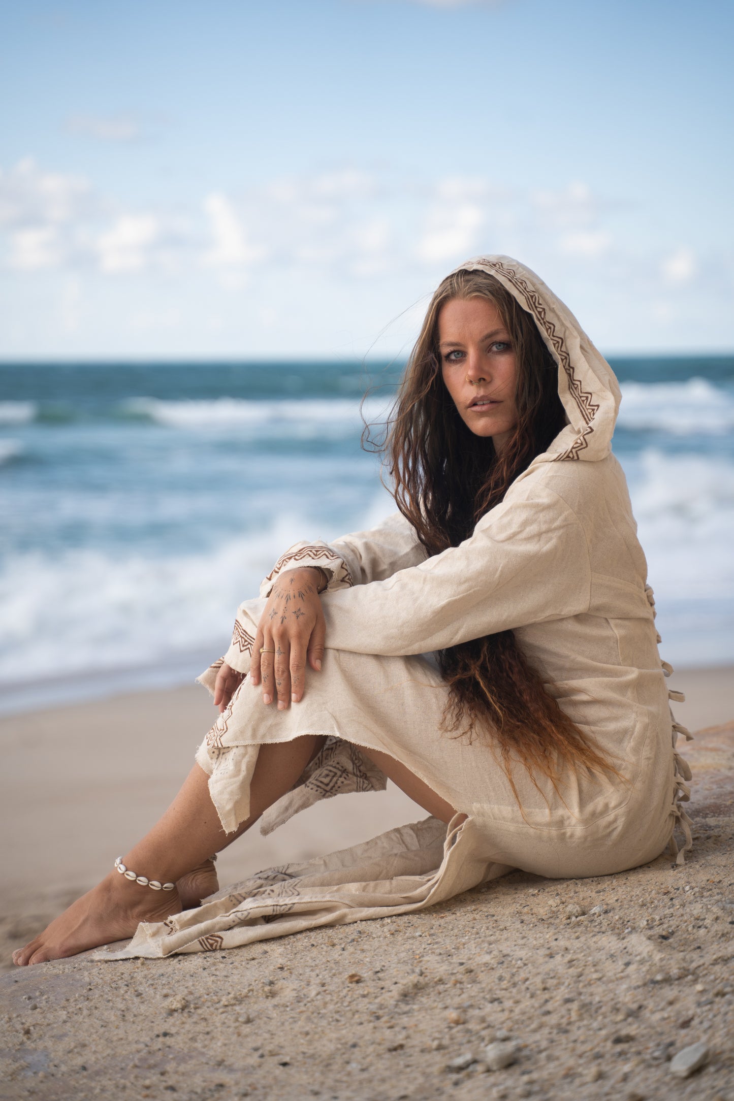 MISTIK Evening Dress Beige Long Sleeve Hooded Ankle Length Natural Dyed Cotton Block Printed Pattern Fairy Gypsy Boho Festival AJJAYA