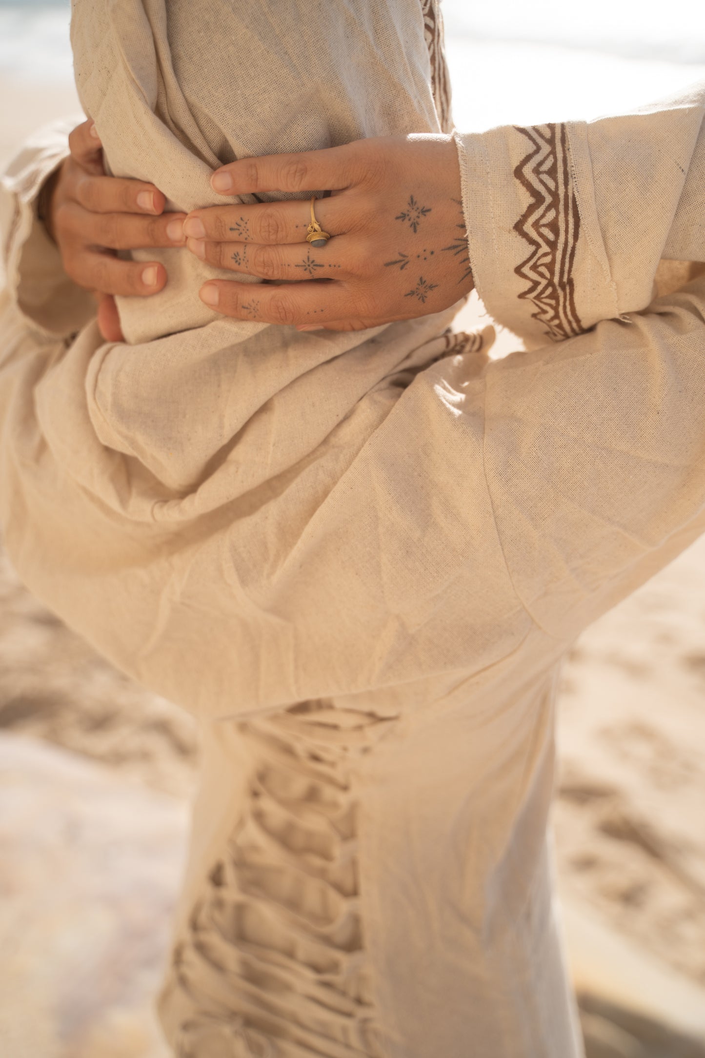 MISTIK Evening Dress Beige Long Sleeve Hooded Ankle Length Natural Dyed Cotton Block Printed Pattern Fairy Gypsy Boho Festival AJJAYA