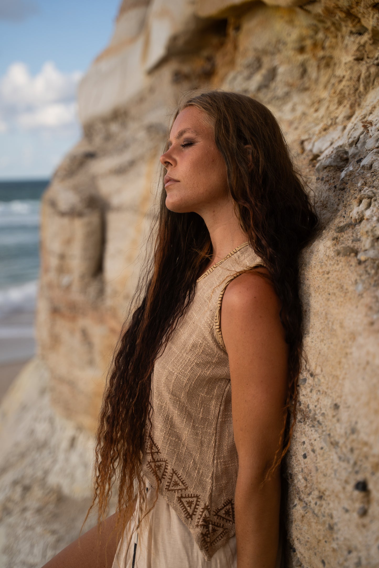 ELLA Crop Top Asymmetric Yoga Sleeveless Natural Cotton Block Printed Tribal Patterns V Neck Tank Shirt Festival Ceremony Pixie Boho AJJAYA