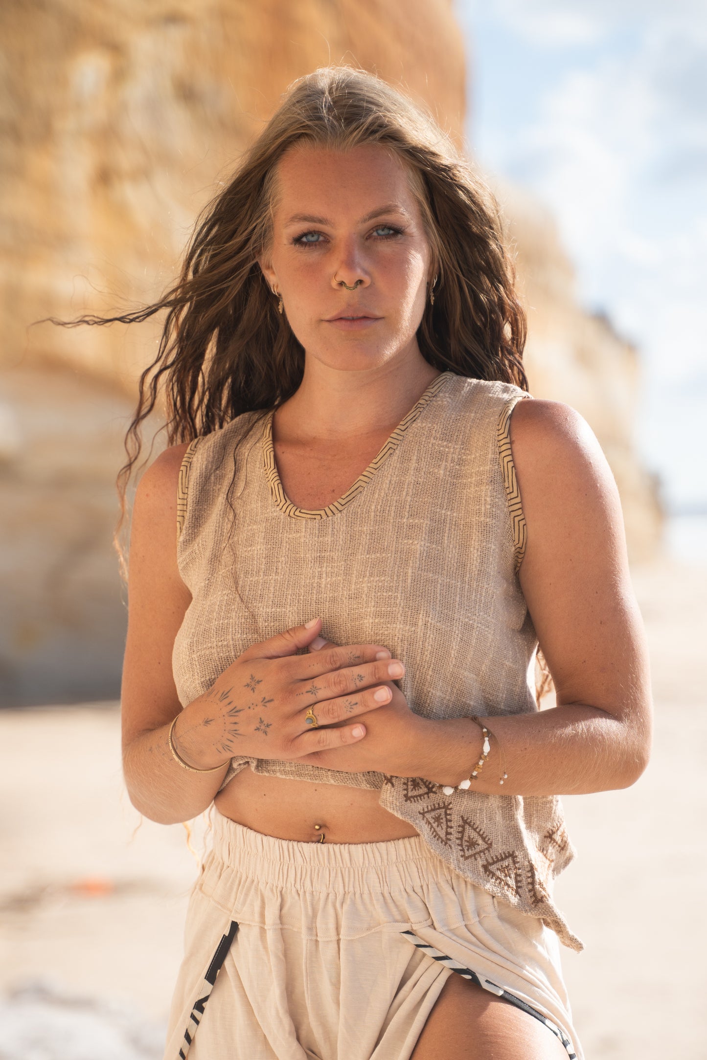 ELLA Crop Top Asymmetric Yoga Sleeveless Natural Cotton Block Printed Tribal Patterns V Neck Tank Shirt Festival Ceremony Pixie Boho AJJAYA