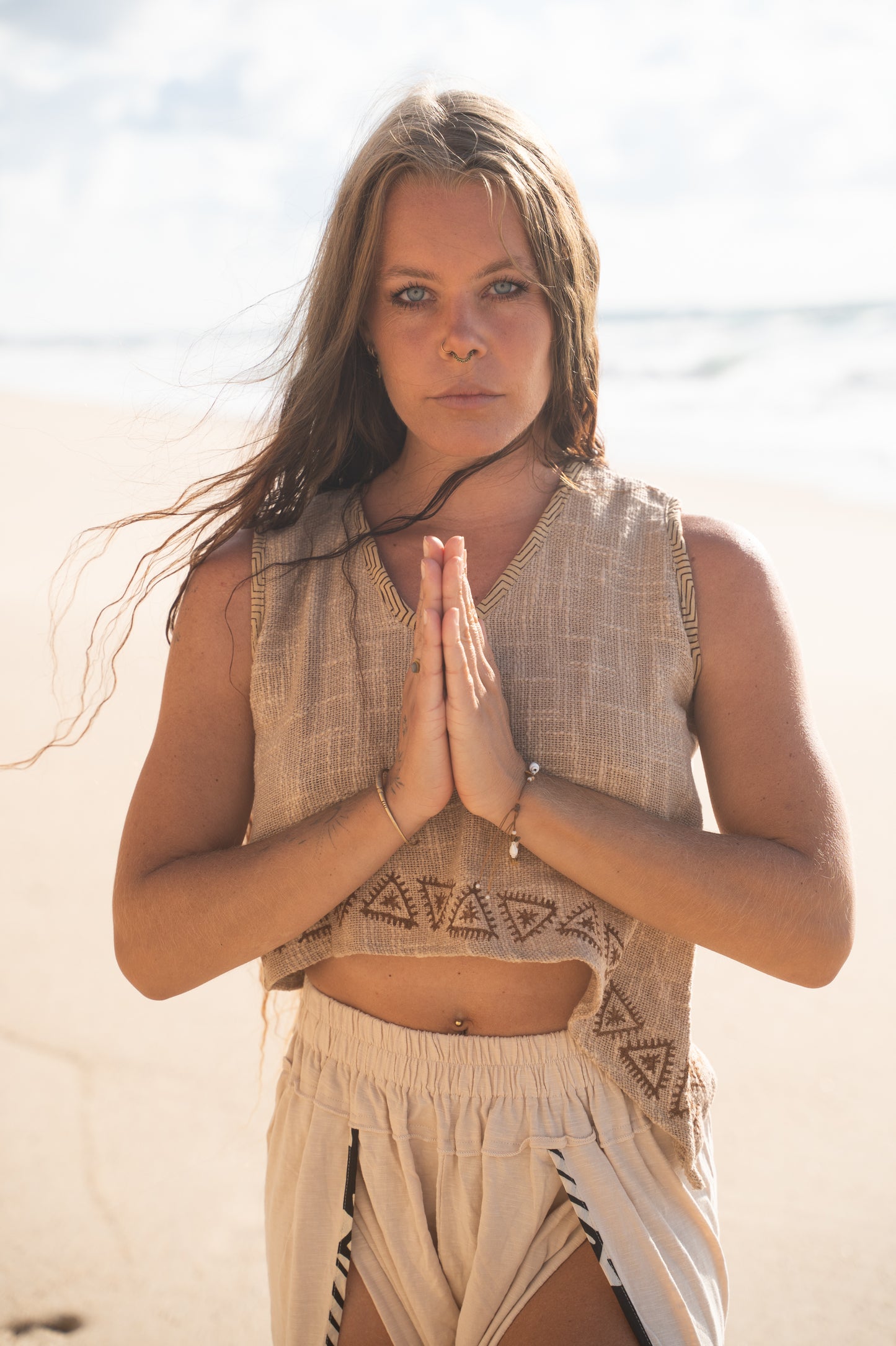 ELLA Crop Top Asymmetric Yoga Sleeveless Natural Cotton Block Printed Tribal Patterns V Neck Tank Shirt Festival Ceremony Pixie Boho AJJAYA